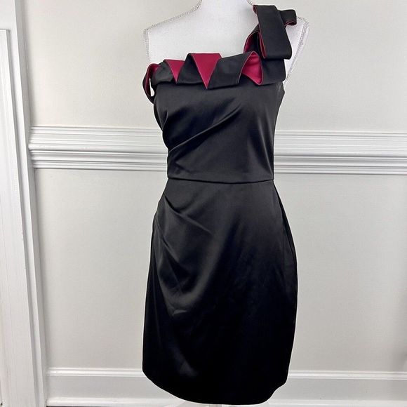 BCBG Paris Dresses & Skirts - BCBG PARIS Black & Magenta Silk One Shoulder Zip-Up Bodycon Dress ~ Womens Sz 8